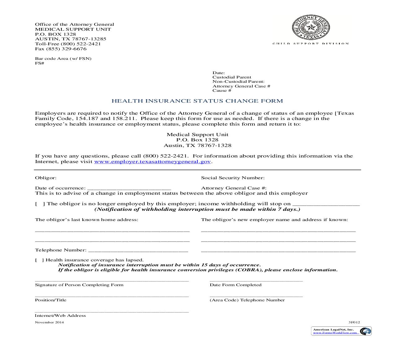 Health Insurance Status Change Form {3F012} | Pdf Fpdf Doc Docx | Texas