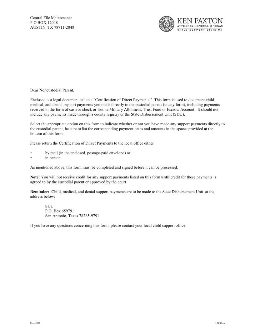 Noncustodial Parents Certification Of Direct Payments {1A007-nc} | Pdf Fpdf Docx | Texas