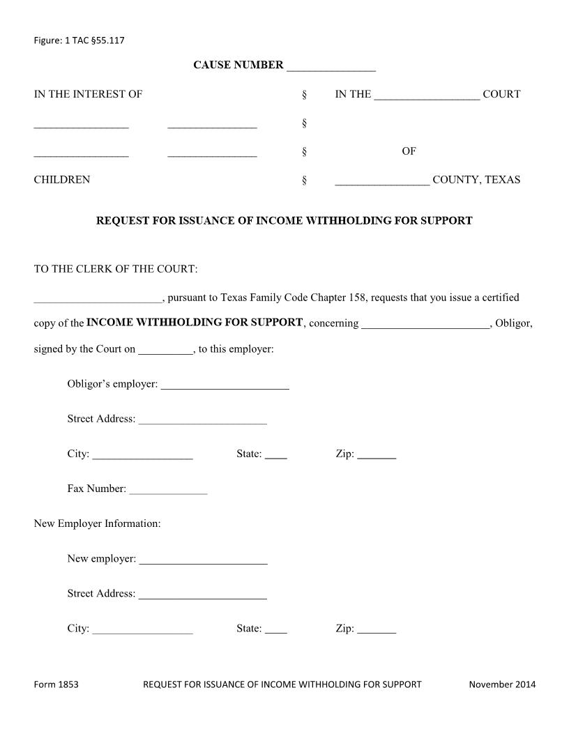 Request For Issuance Of Income Withholding For Support | Pdf Fpdf Docx | Texas