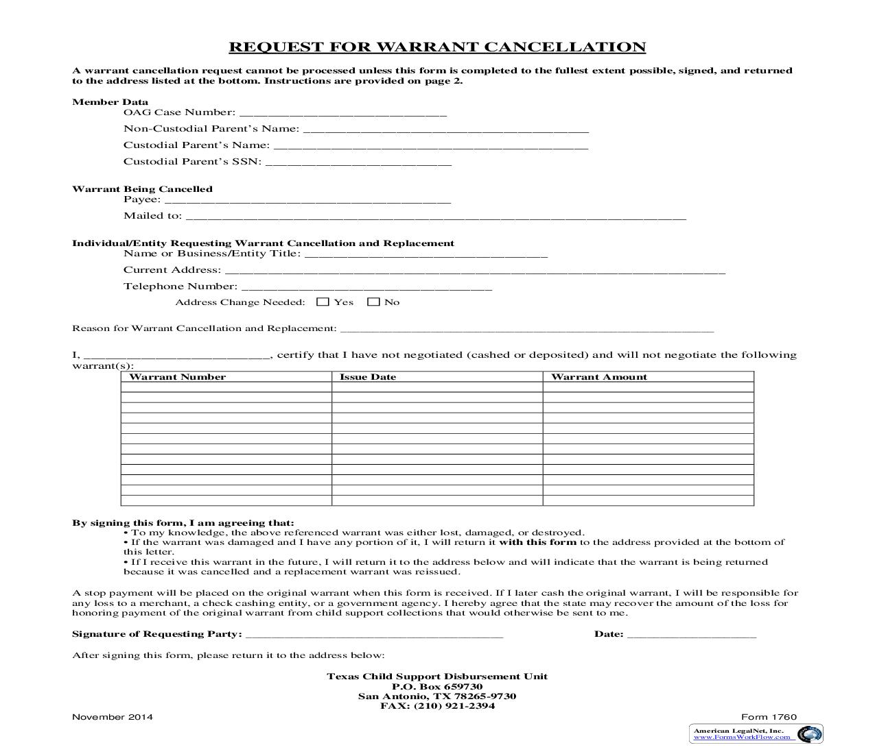 Request For Warrant Cancellation {1760} | Pdf Fpdf Doc Docx | Texas