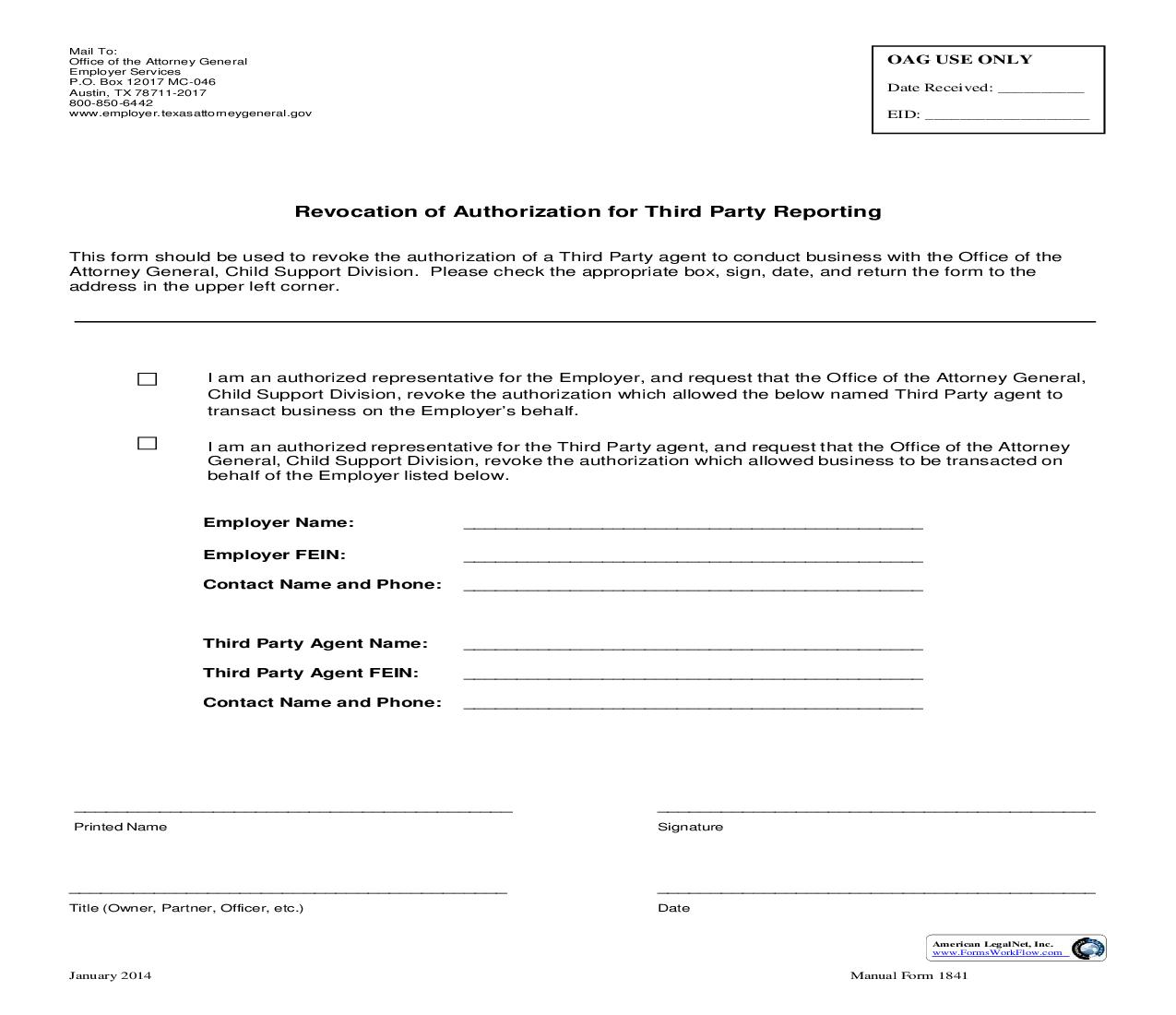 Revocation Of Authorization For Third Party Reporting {1841} | Pdf Fpdf Doc Docx | Texas