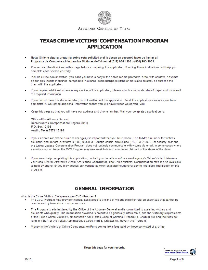 Crime Victims Compensation Program Application | Pdf Fpdf Docx | Texas