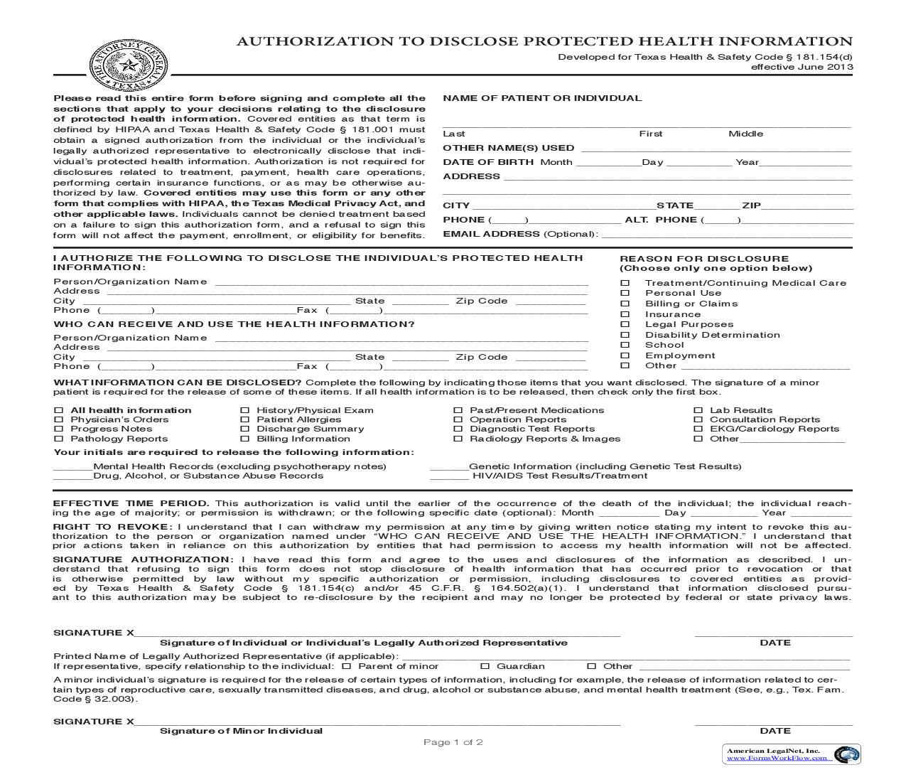 Authorization To Disclose Protected Health Information | Pdf Fpdf Doc Docx | Texas