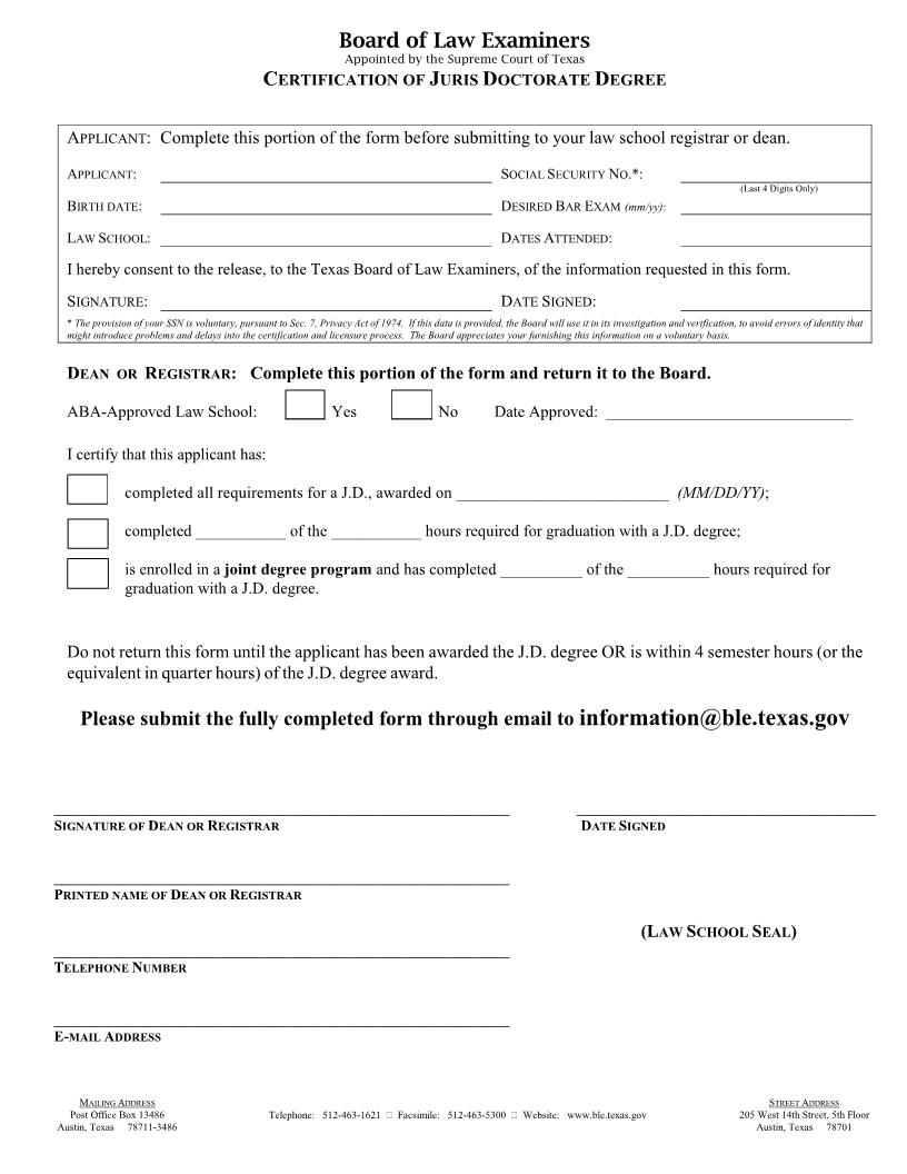Certification Of Juris Doctorate Degree | Pdf Fpdf Docx | Texas