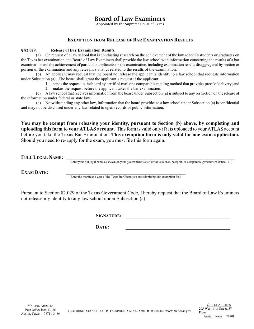 Exemption From Release Of Bar Examination Results | Pdf Fpdf Docx | Texas