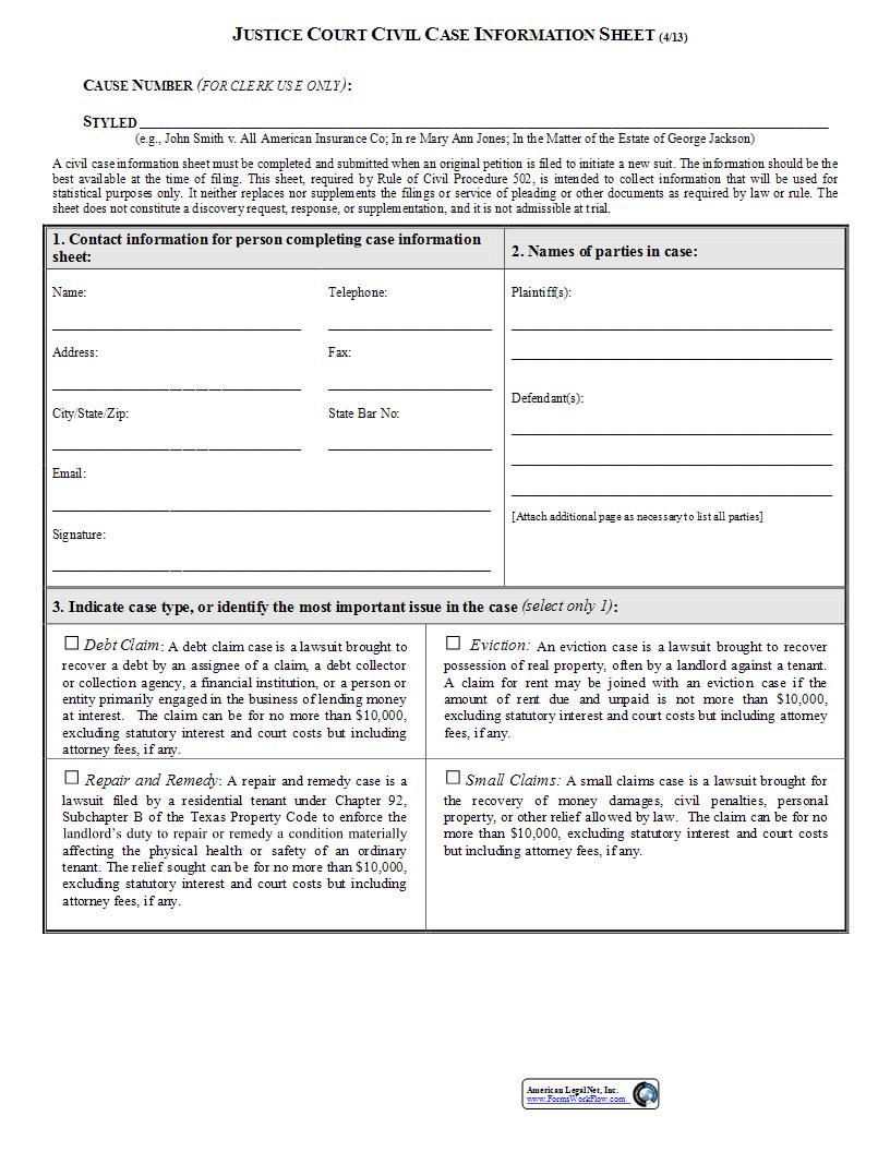 Justice Court Civil Case Information Sheet | Pdf Fpdf Docx | Texas