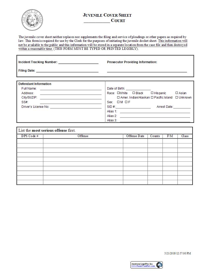 Juvenile Cover Sheet | Pdf Fpdf Docx | Texas
