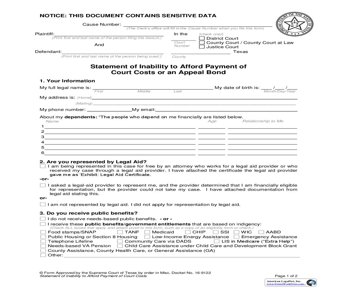 Statement Of Inability To Afford Payment Of Court Costs | Pdf Fpdf Doc Docx | Texas