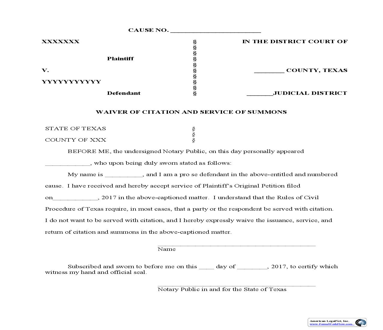 Waiver Of Citation And Service Of Summons | Pdf Fpdf Doc Docx | Texas