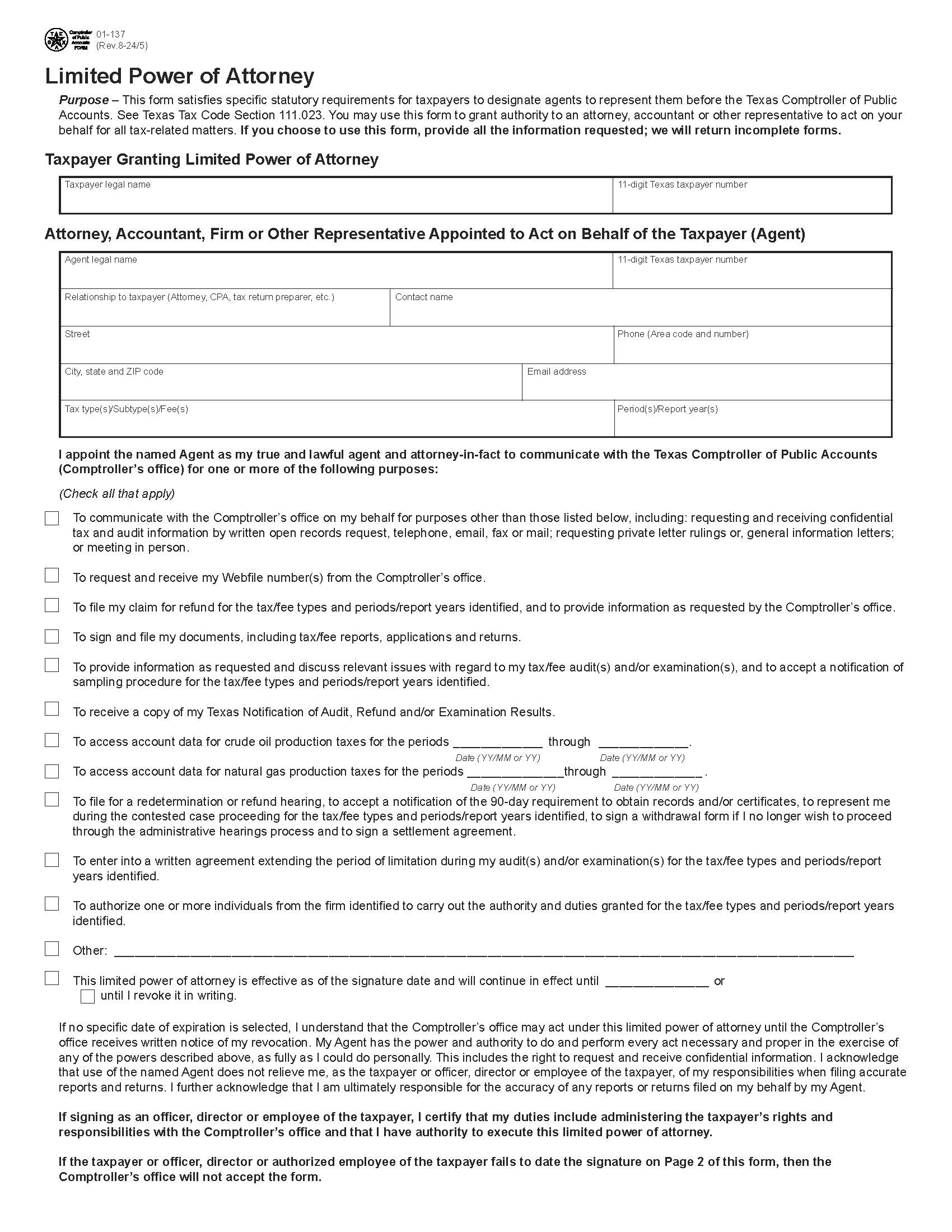 Limited Power Of Attorney {01-137} | Pdf Fpdf Doc Docx | Texas