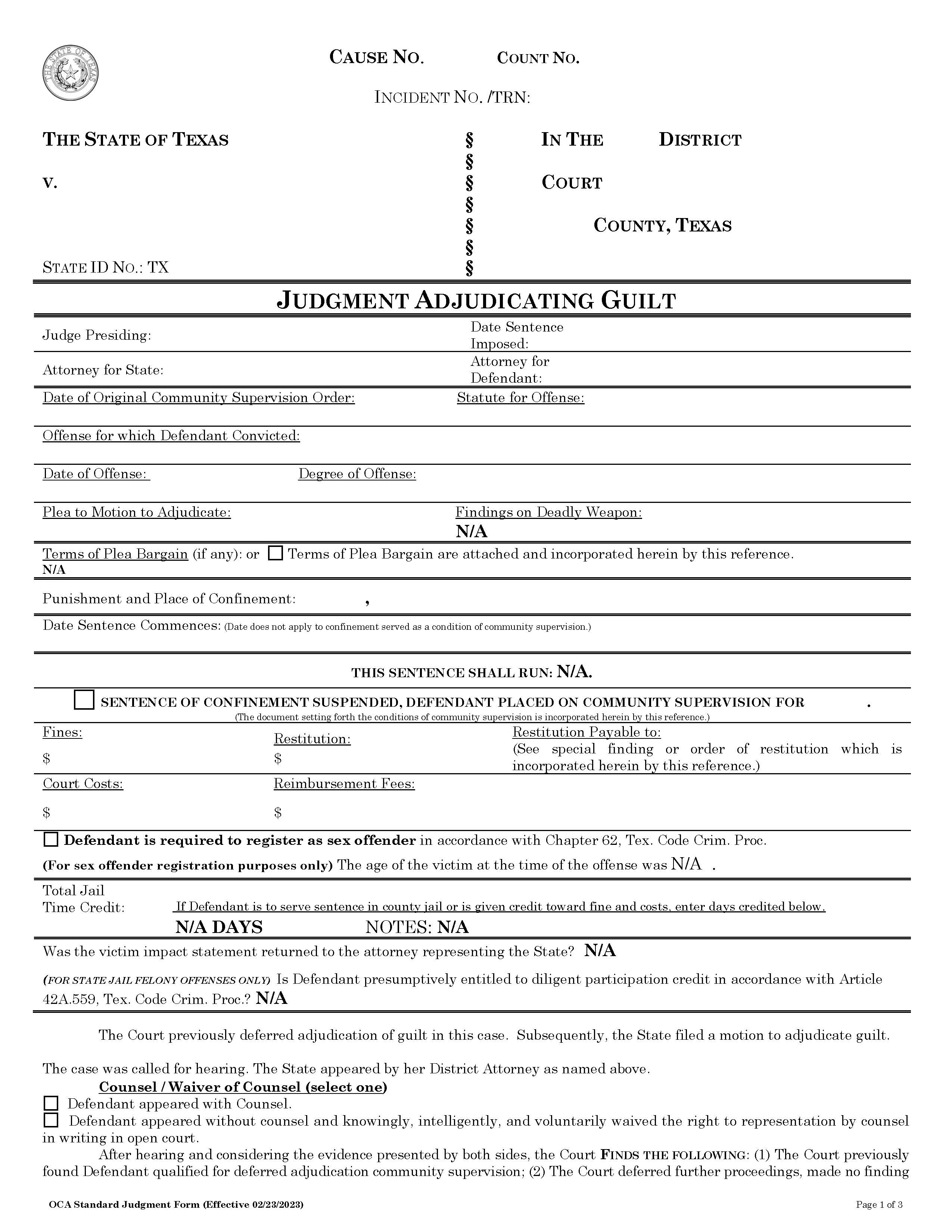 Judgment Adjudicating Guilt | Pdf Fpdf Docx | Texas