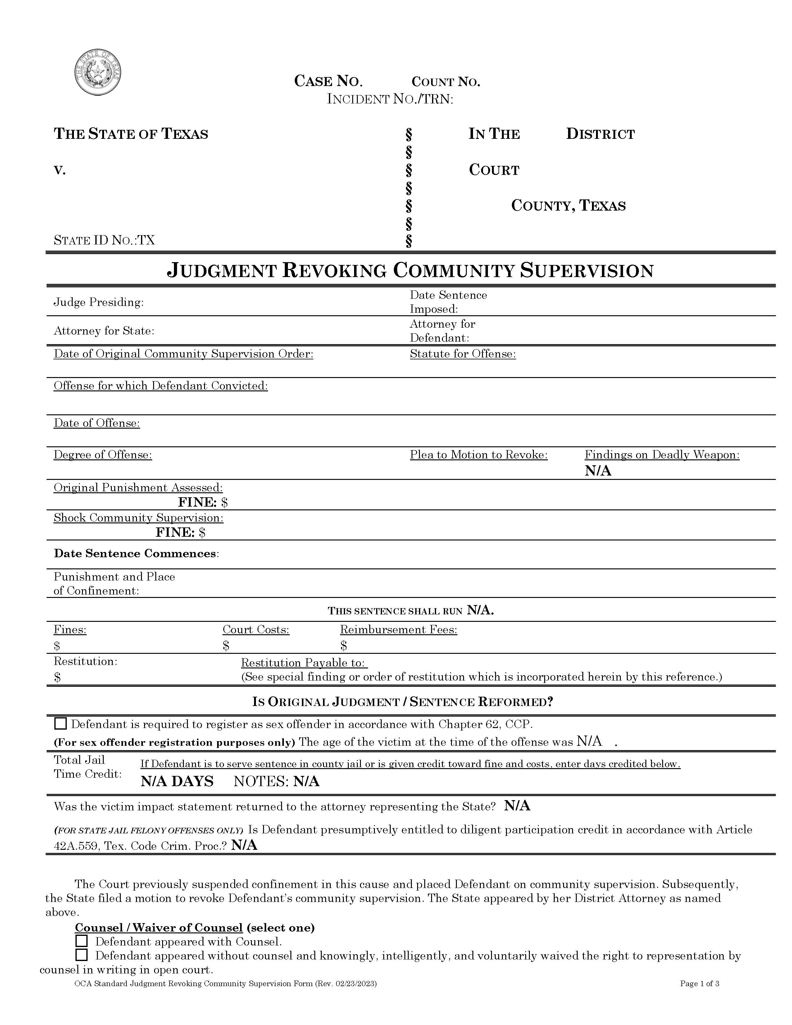 Judgment Revoking Community Supervision | Pdf Fpdf Docx | Texas