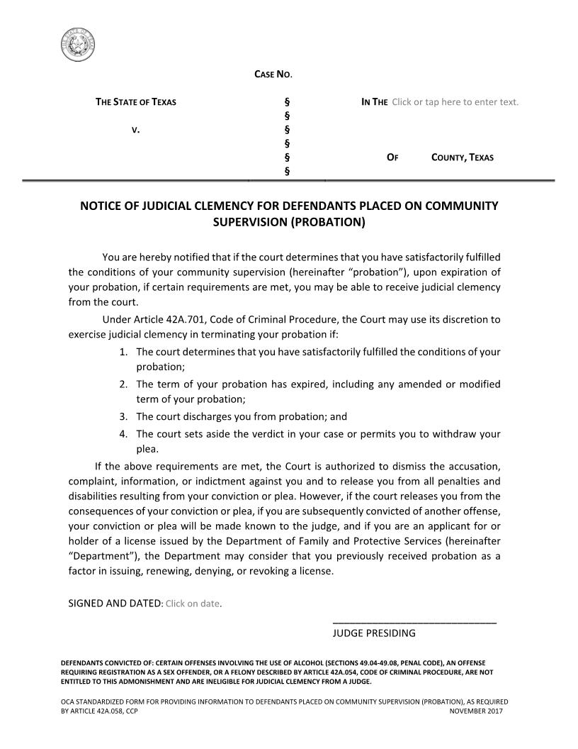Notice Of Judicial Clemency For Defendants Placed On Probation | Pdf Fpdf Docx | Texas