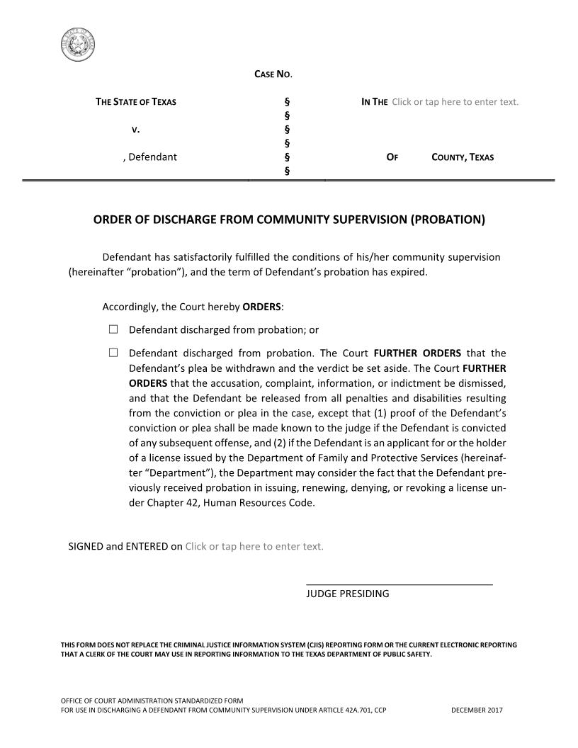 Order Of Discharge From Community Supervision (Probation) | Pdf Fpdf Docx | Texas