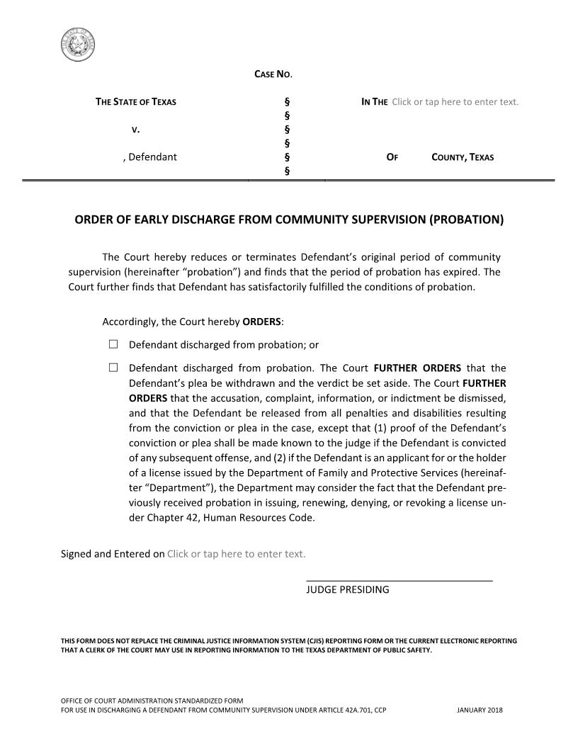 Order Of Early Discharge From Community Supervision (Probation) | Pdf Fpdf Docx | Texas