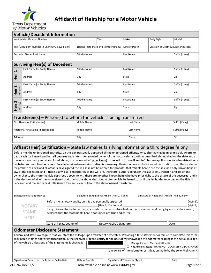 Affidavit Of Heirship For A Motor Vehicle {VTR-262} | Pdf Fpdf Doc Docx | Texas