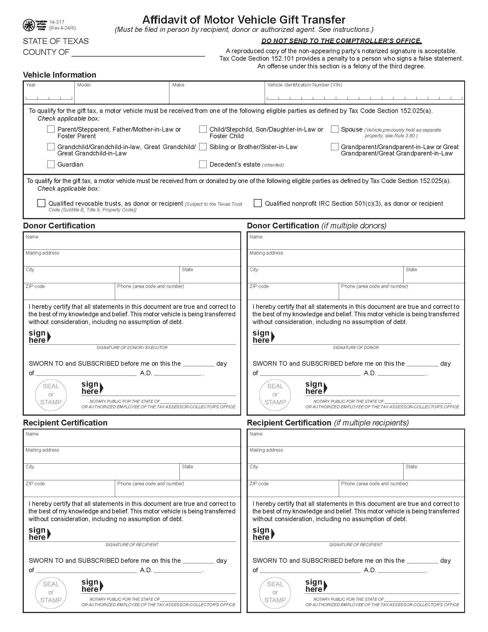 Affidavit Of Motor Vehicle Gift Transfer {14-317} | Pdf Fpdf Doc Docx | Texas