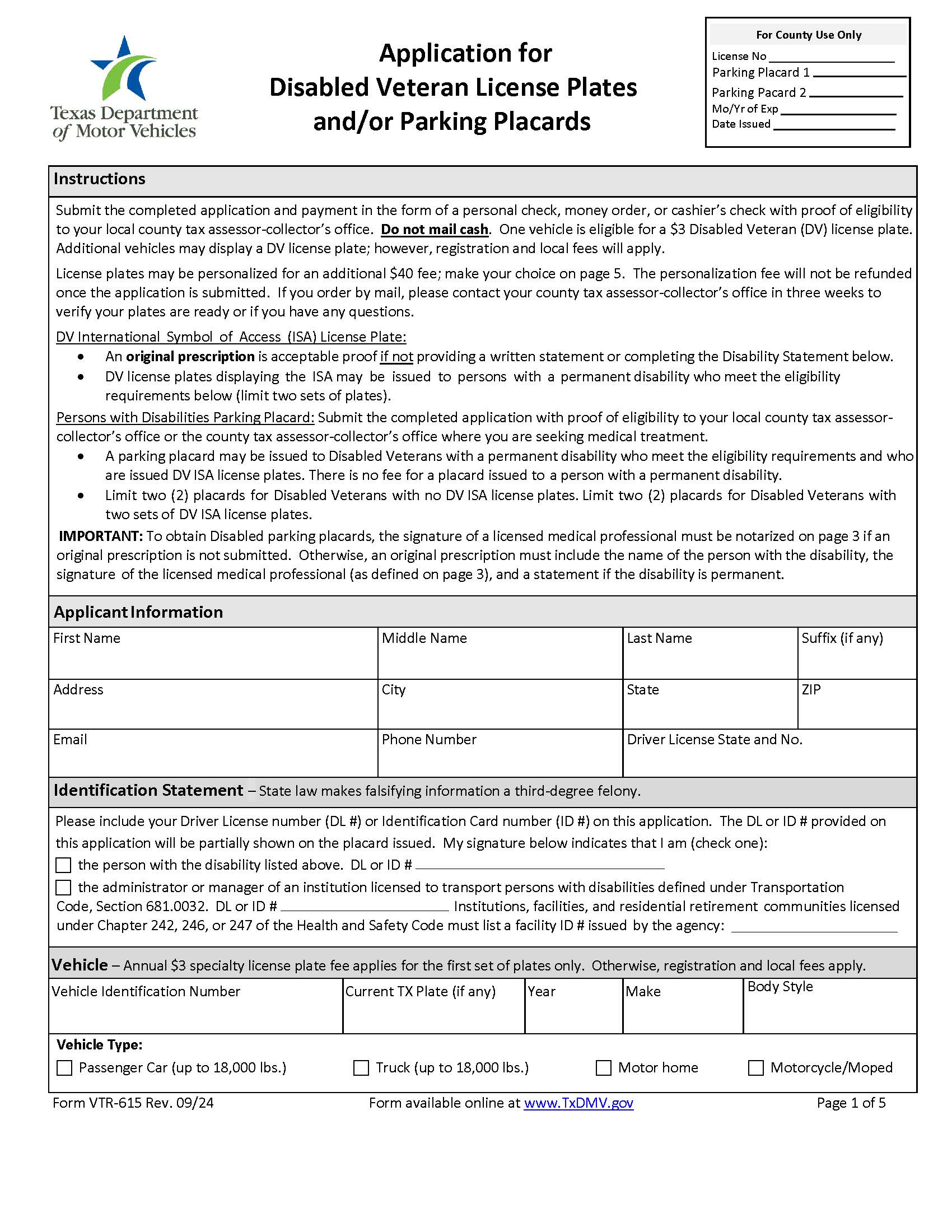 Application For Military Disabled Veteran License Plates And Parking Placards {VTR-615} | Pdf Fpdf Docx | Texas