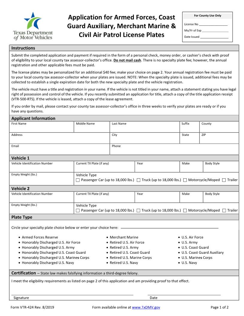 Application For Military License Plate {VTR-424} | Pdf Fpdf Docx | Texas
