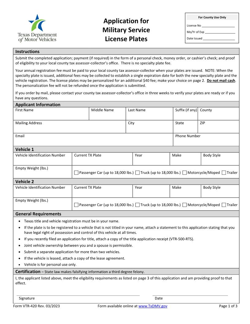 Application For Military Service License Plates {VTR-420} | Pdf Fpdf Docx | Texas