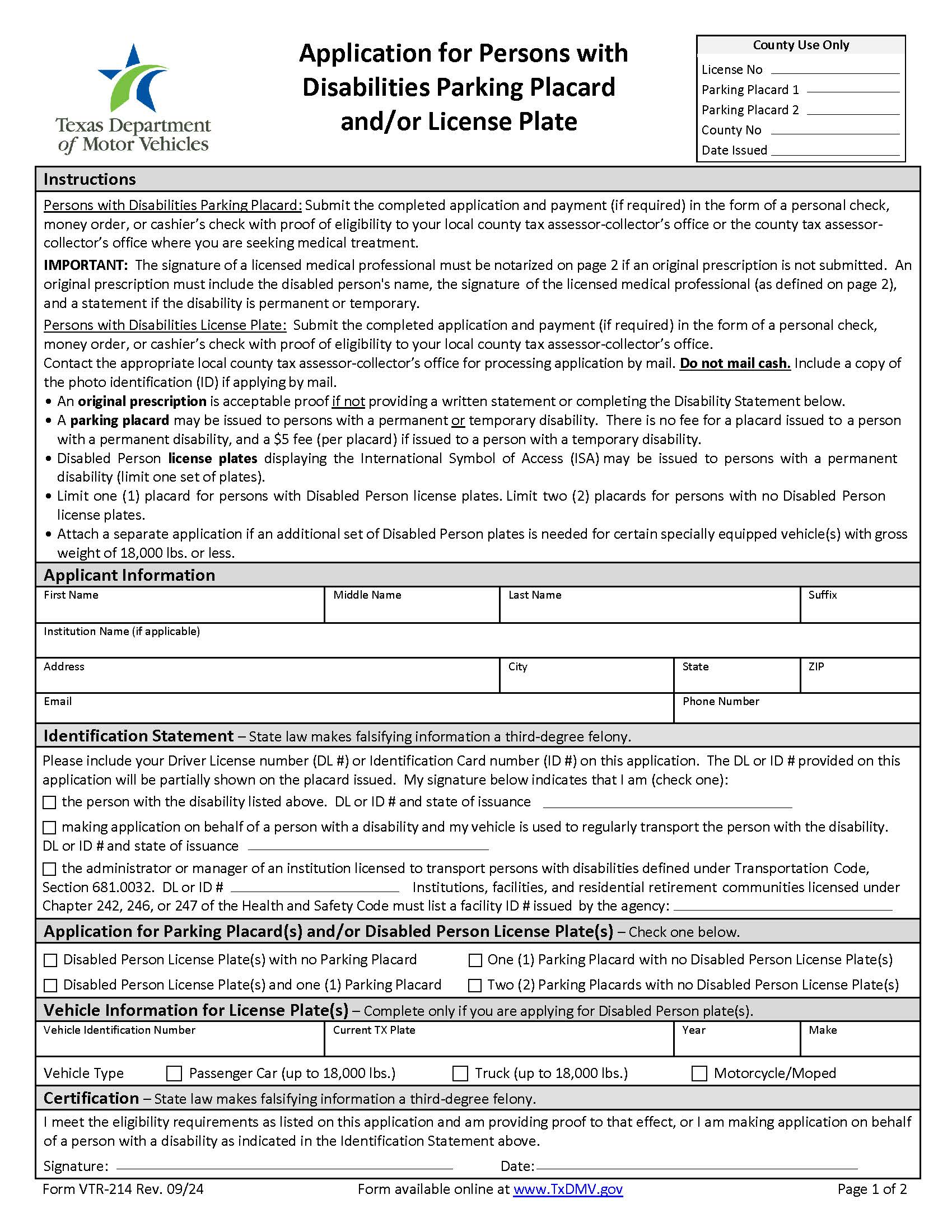 Application For Persons With Disabilities Parking Placard And Or License Plate {VTR-214} | Pdf Fpdf Docx | Texas