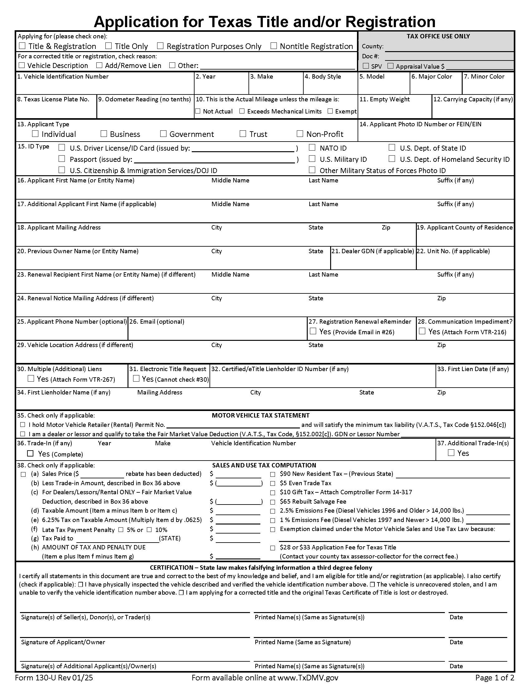 Application For Texas Title And Or Registration {130-U} | Pdf Fpdf Doc Docx | Texas