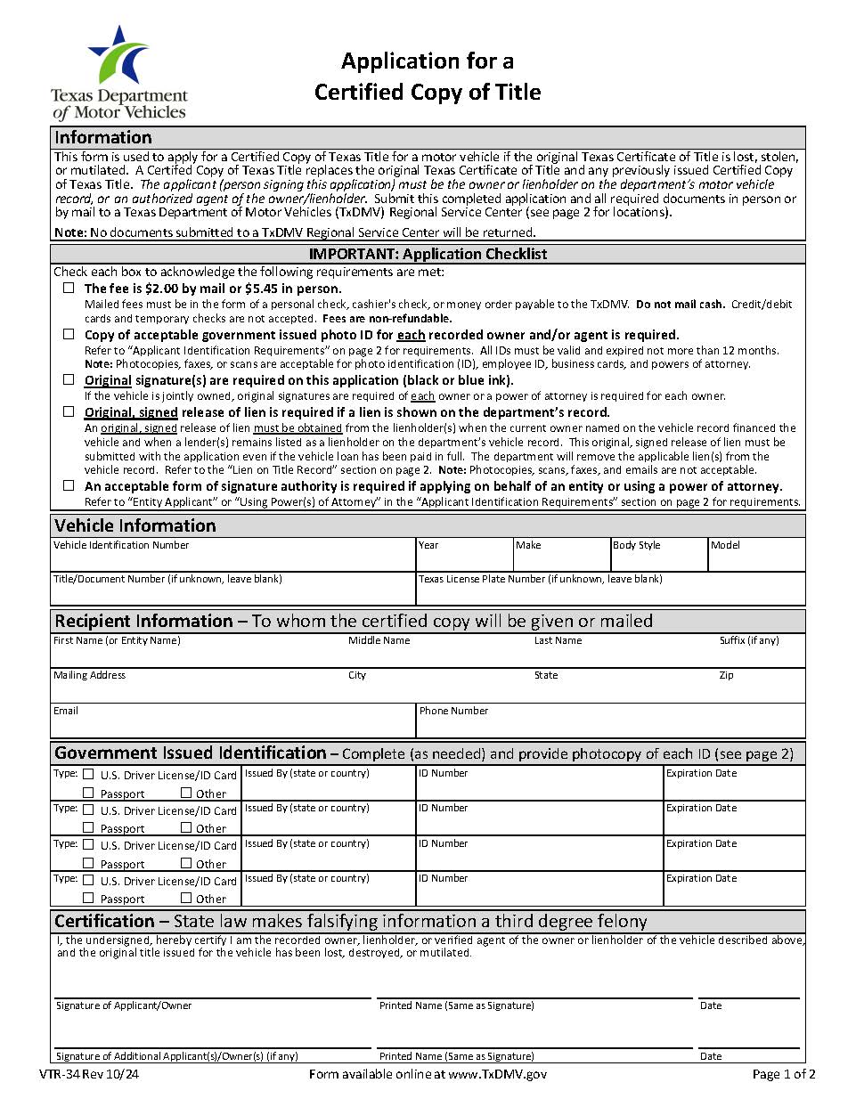 Application for a Certified Copy of Title {VTR-34} | Pdf Fpdf Docx | Texas