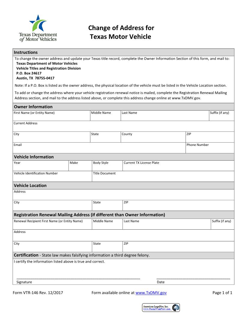 Change Of Address For Texas Vehicle Registration {VTR-146} | Pdf Fpdf Docx | Texas