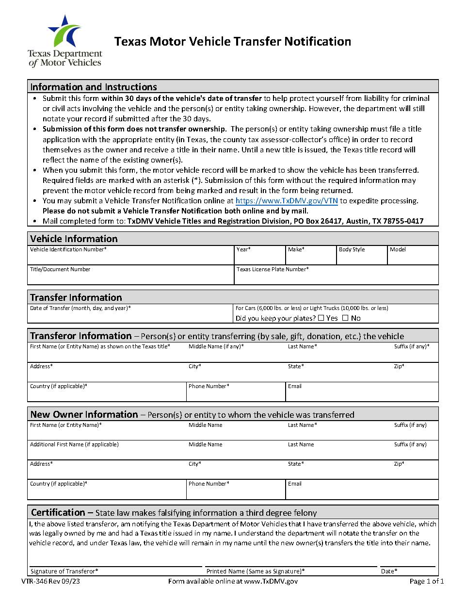 Motor Vehicle Transfer Notification {VTR-346} | Pdf Fpdf Doc Docx | Texas