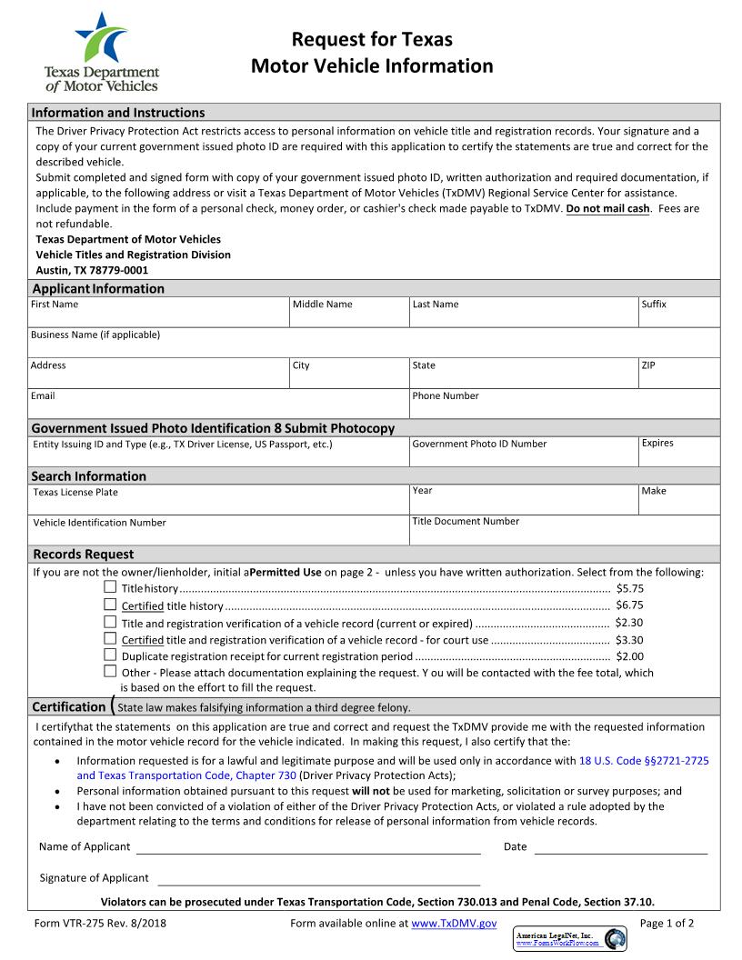Request For Texas Motor Vehicle Information {VTR-275} | Pdf Fpdf Docx | Texas