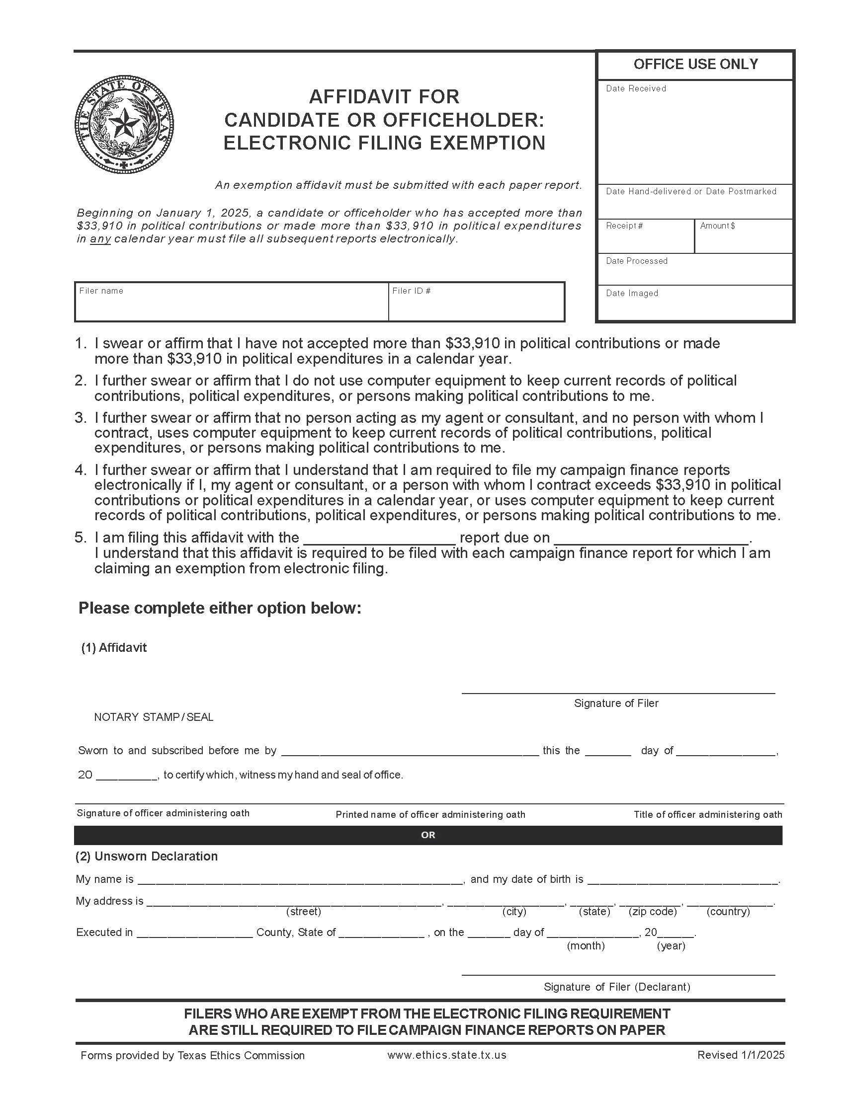 Affidavit For Candidate Or Officeholder-Electronic Filing Exemption | Pdf Fpdf Doc Docx | Texas