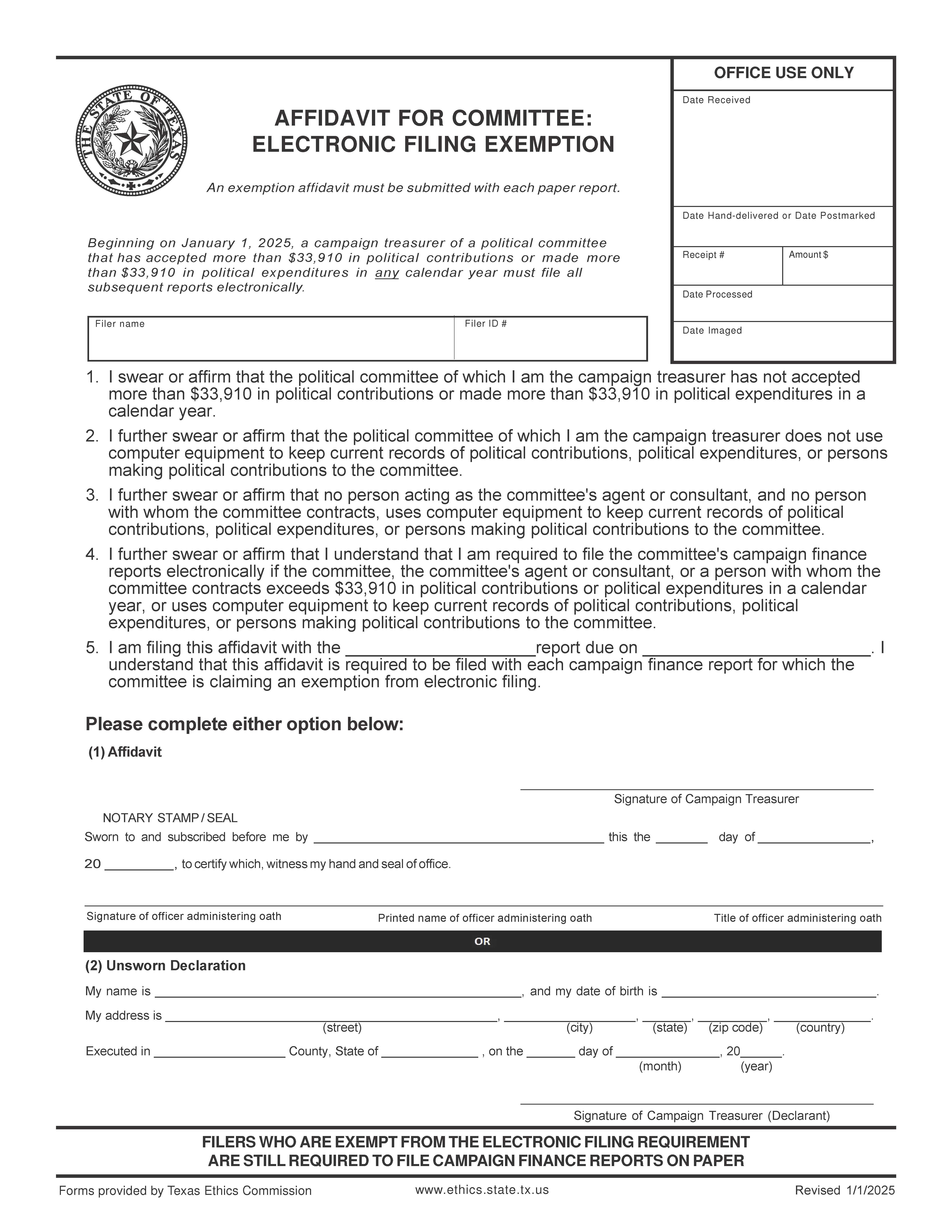 Affidavit For Committee-Electronic Filing Exemption | Pdf Fpdf Doc Docx | Texas
