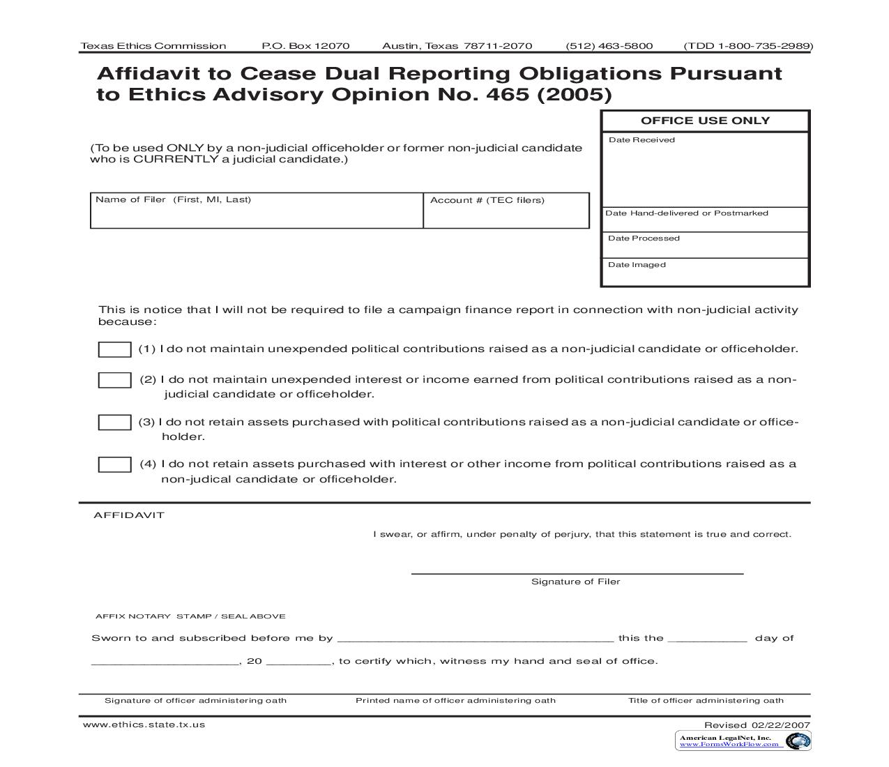 Affidavit To Cease Dual Reporting Obligations | Pdf Fpdf Doc Docx | Texas