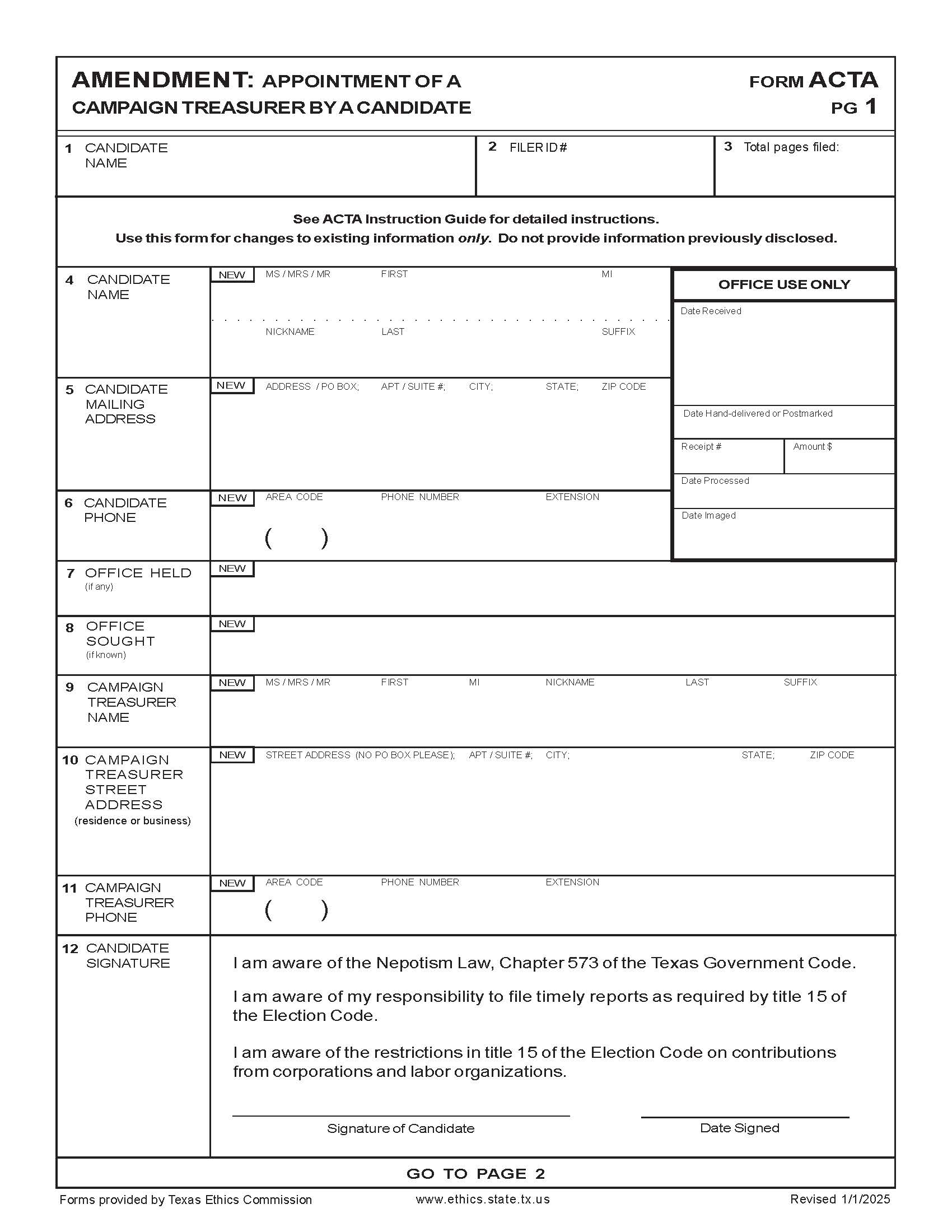 Amendment - Appointment Of A Campaign Treasurer By A Candidate {ACTA} | Pdf Fpdf Docx | Texas