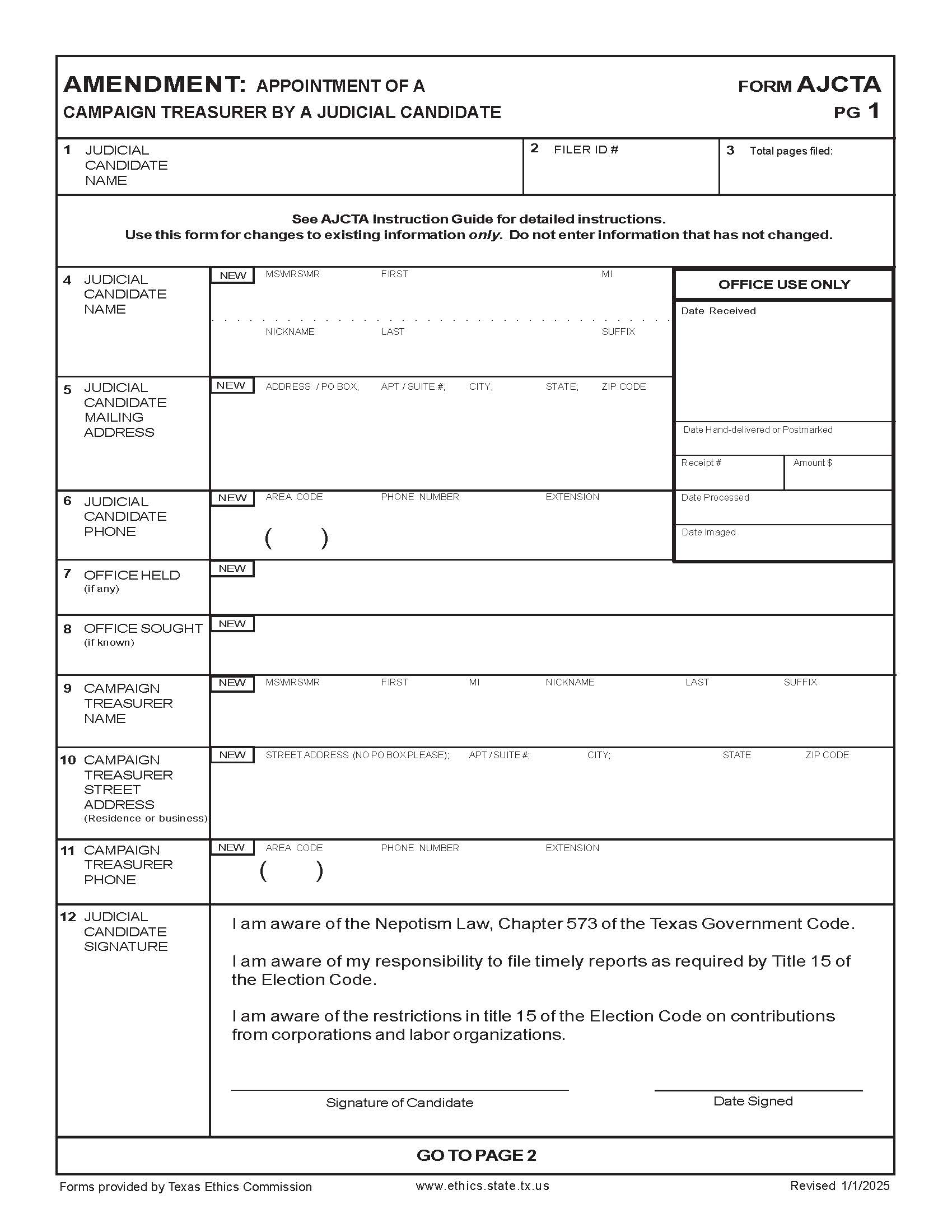 Amendment Appointment Of A Campaign Treasurer By A Candidate {AJCTA} | Pdf Fpdf Docx | Texas