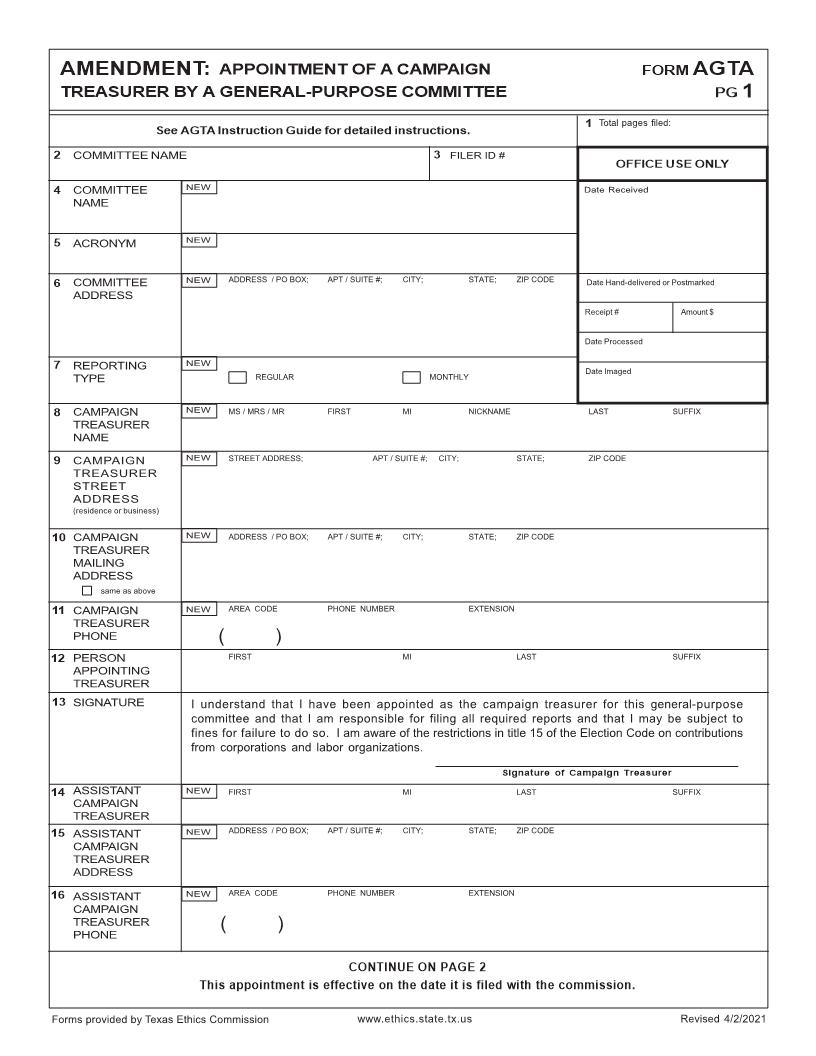 Amendment-Appointment Of A Campaign Treasurer By A General-Purpose Committee {AGTA} | Pdf Fpdf Docx | Texas