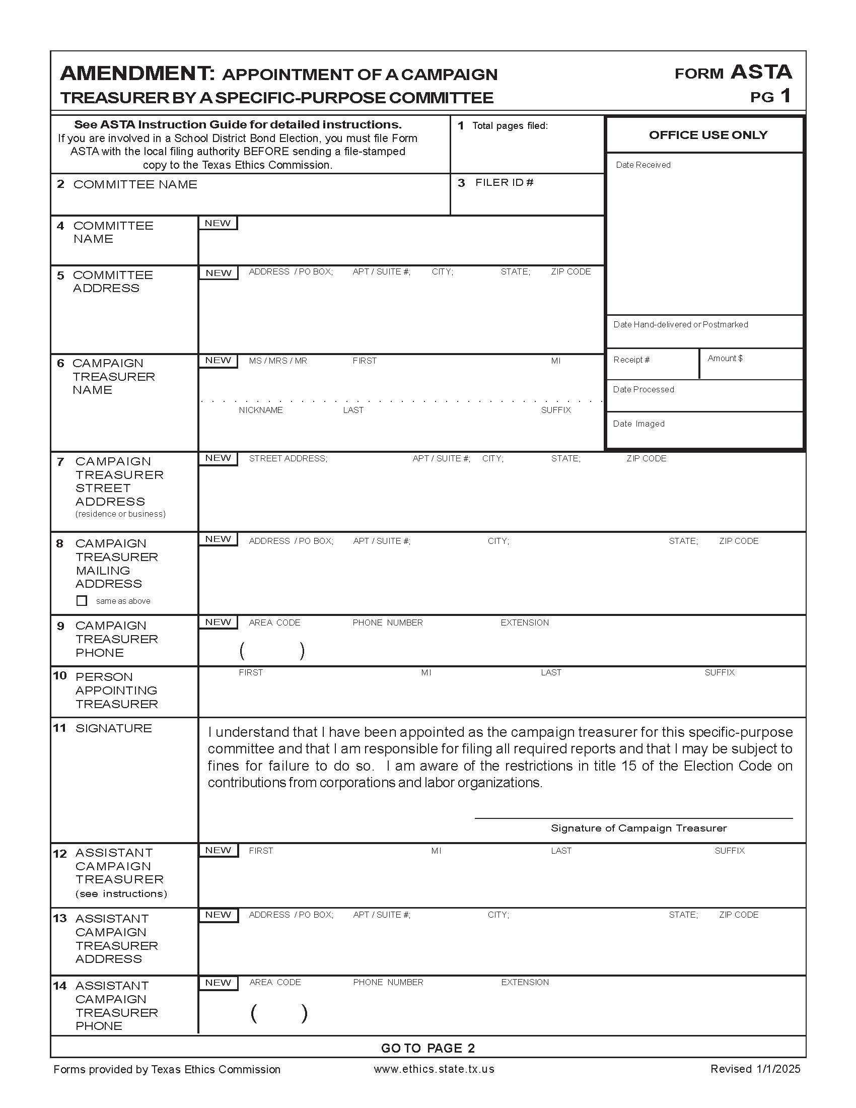 Amendment-Appointment Of A Campaign Treasurer By A Specific-Purpose Committee {ASTA} | Pdf Fpdf Docx | Texas