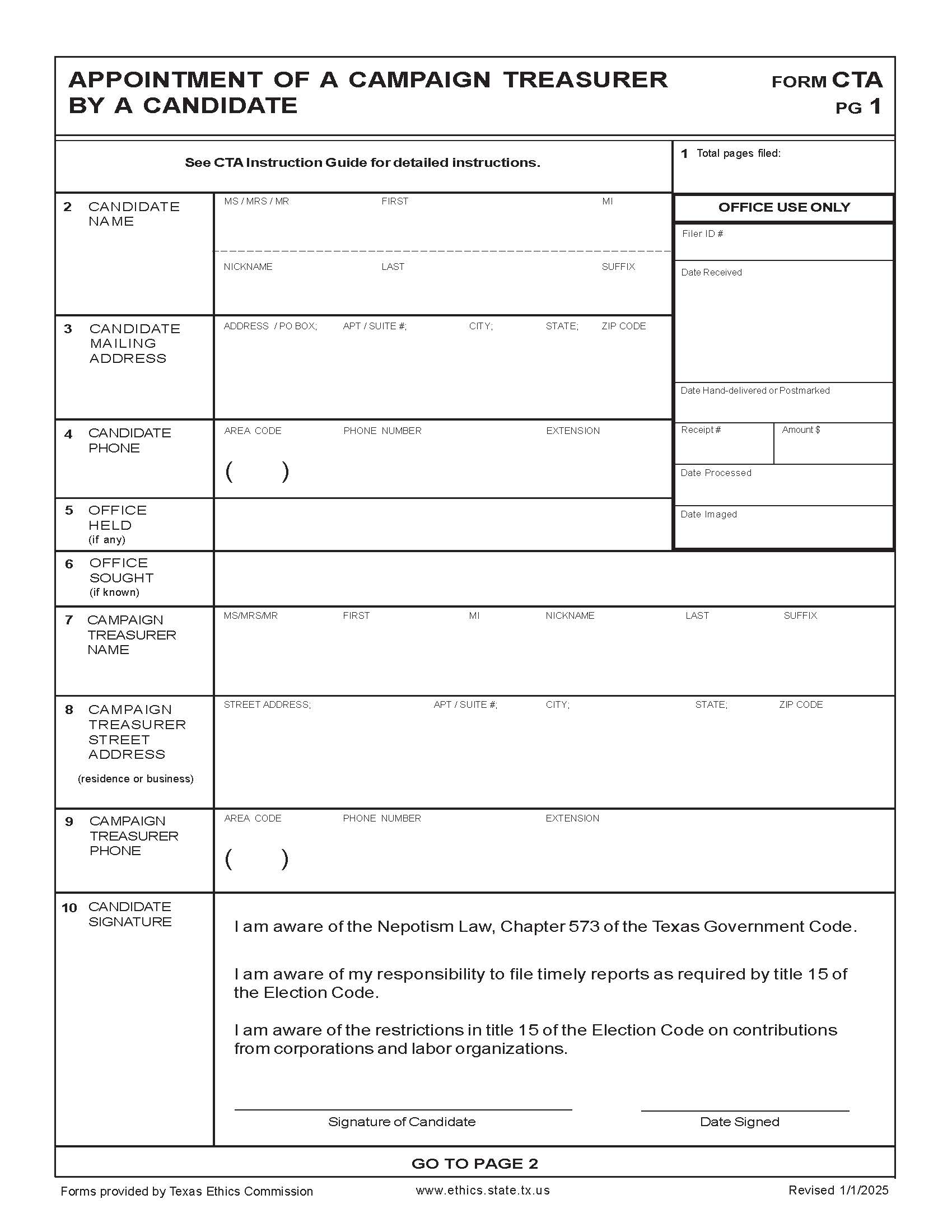 Appointment Of A Campaign Treasurer By A Candidate {CTA} | Pdf Fpdf Docx | Texas