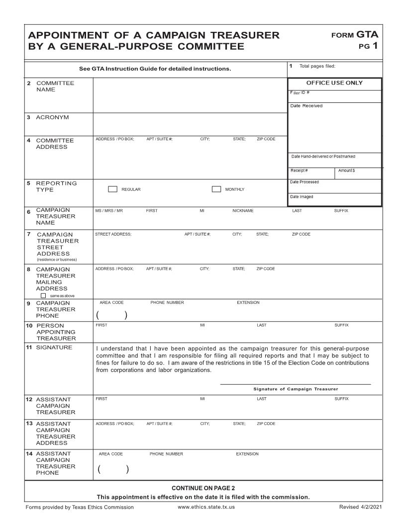 Appointment Of A Campaign Treasurer By A General-Purpose Committee {GTA} | Pdf Fpdf Docx | Texas