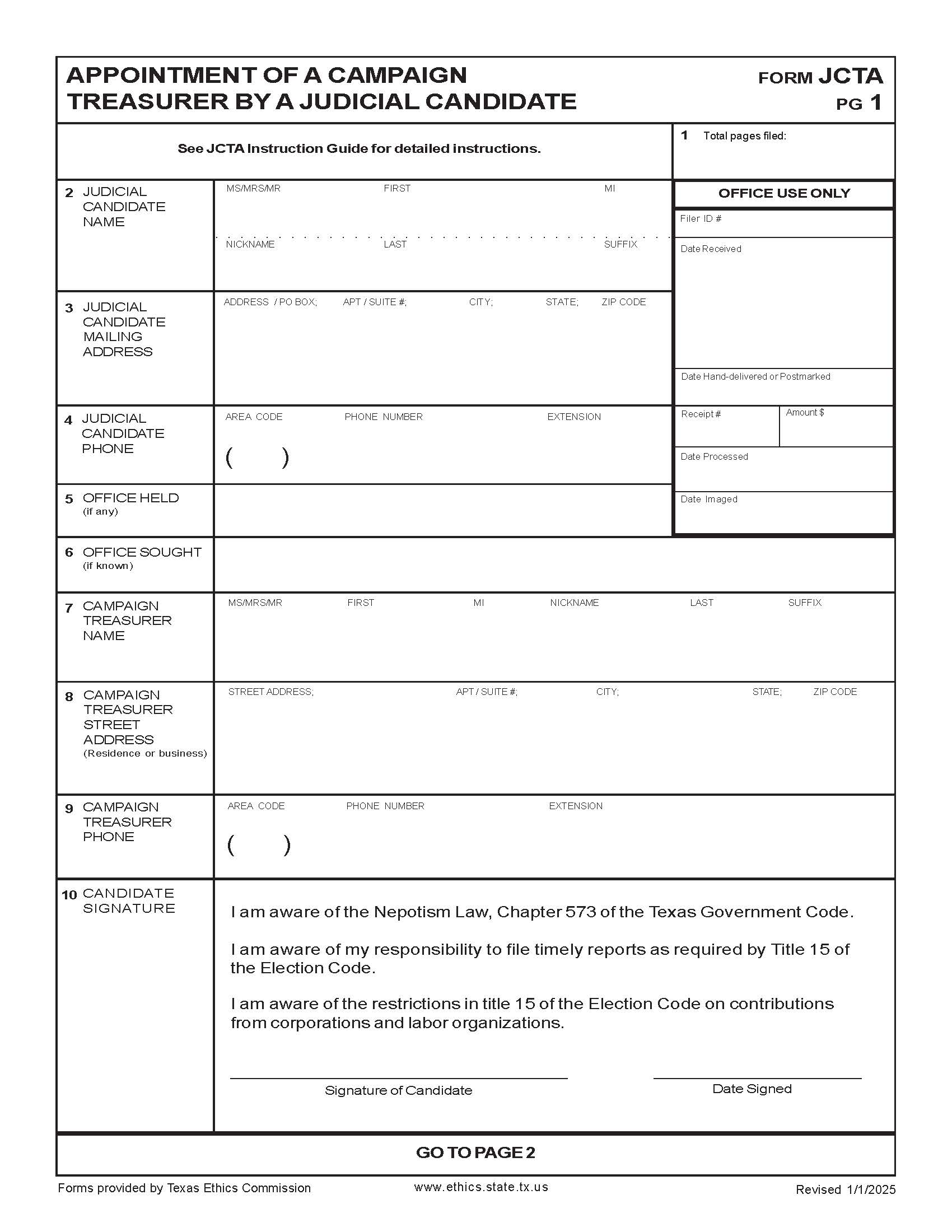 Appointment Of A Campaign Treasurer By A Judicial Candidate {JCTA} | Pdf Fpdf Docx | Texas