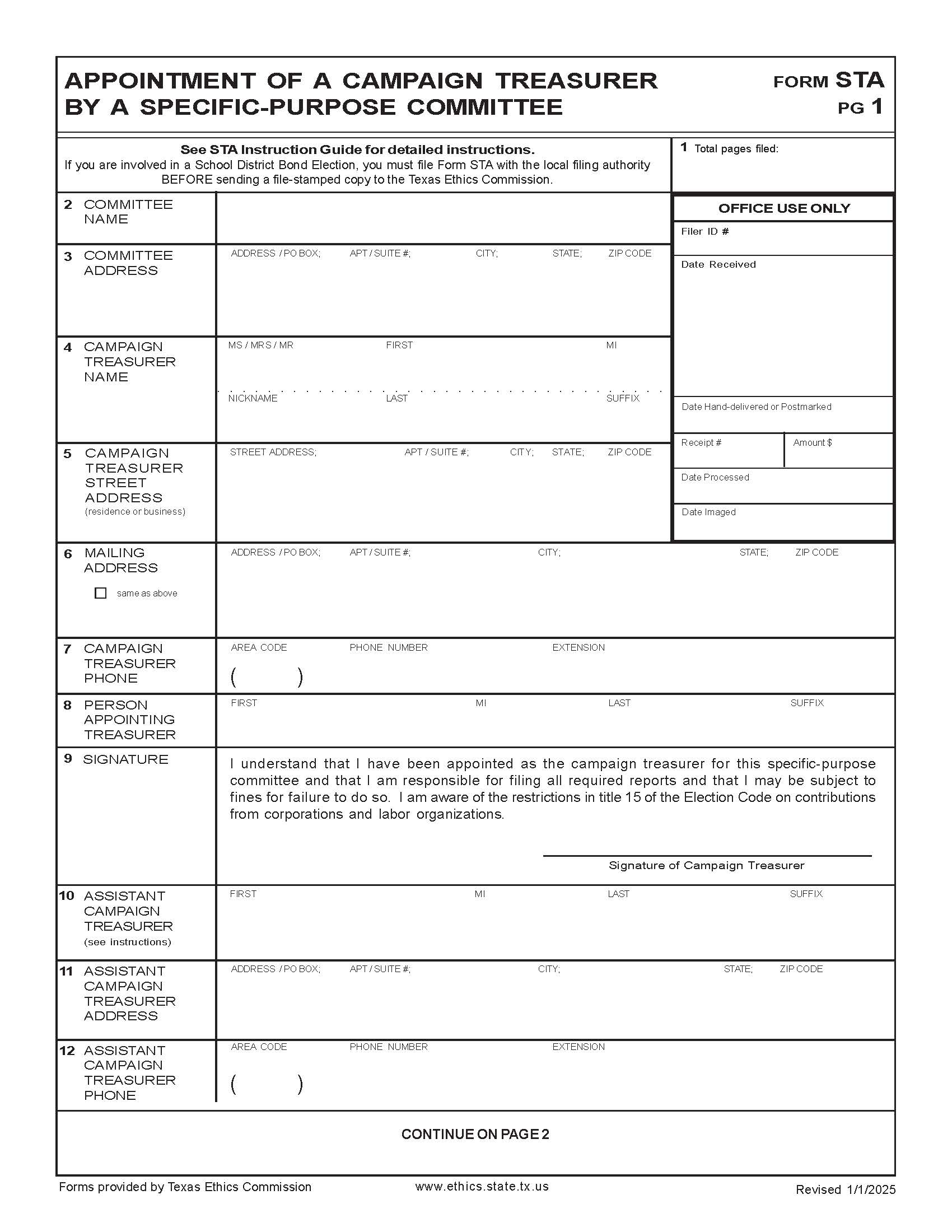Appointment Of A Campaign Treasurer By A Specific-Purpose Committee {STA} | Pdf Fpdf Docx | Texas