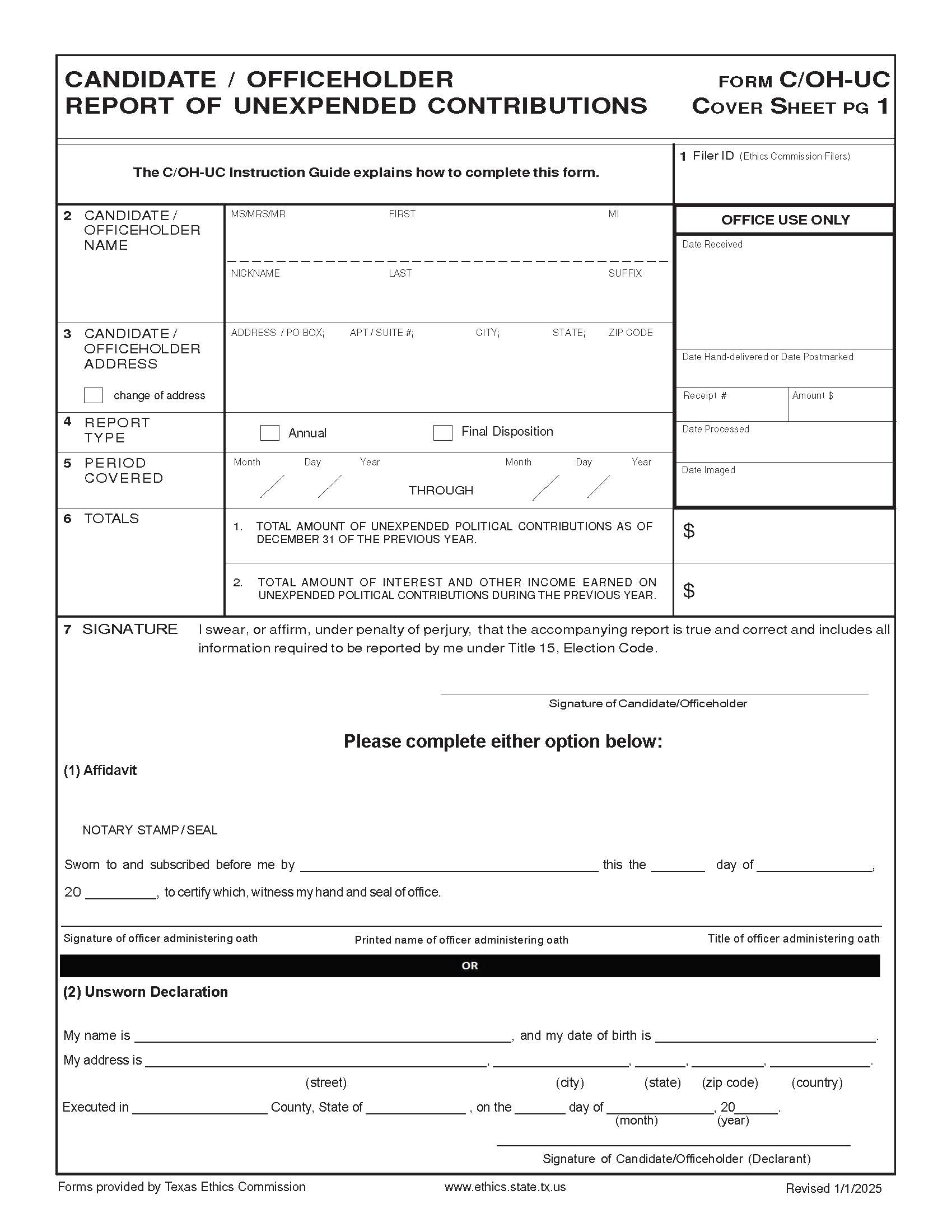 Candidate-Officeholder Report Of Unexpended Contributions {C-OH-UC} | Pdf Fpdf Doc Docx | Texas