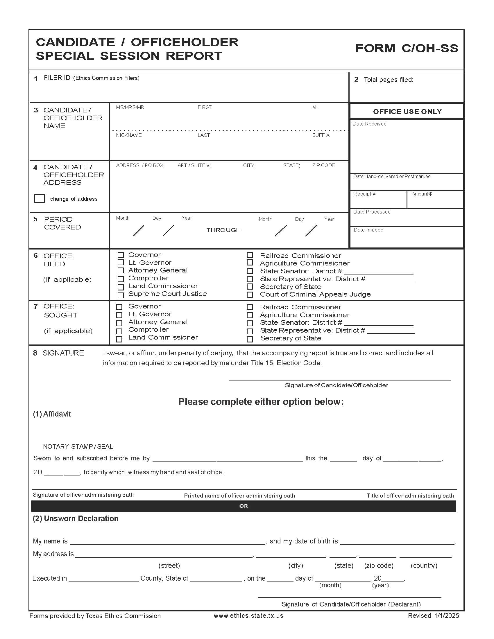 Candidate-Officeholder Special Session Report {C-OH-SS} | Pdf Fpdf Doc Docx | Texas