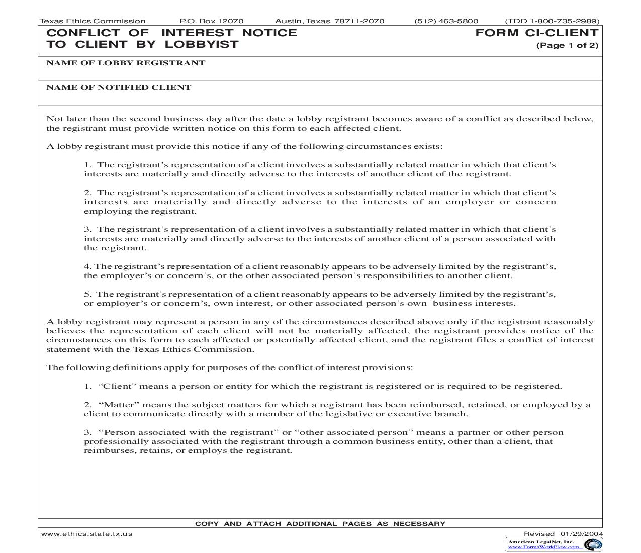 Conflict Of Interest Notice To Client By Lobbyist {CI-CLIENT} | Pdf Fpdf Doc Docx | Texas