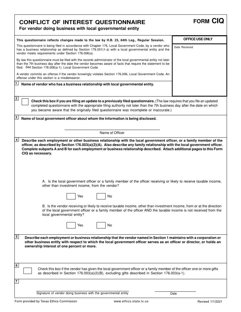 Conflict Of Interest Questionaire {CIQ} | Pdf Fpdf Doc Docx | Texas