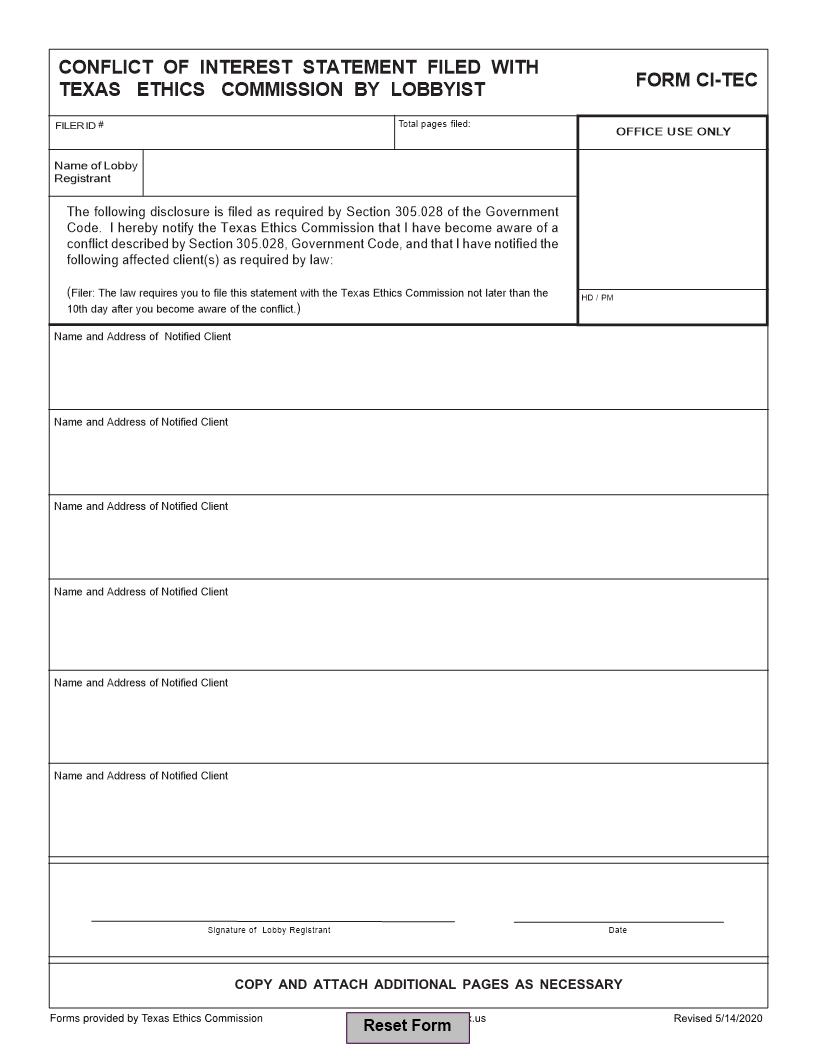 Conflict Of Interest Statement Filed With Texas Ethics Commission By Lobbyist {CI-TEC} | Pdf Fpdf Doc Docx | Texas