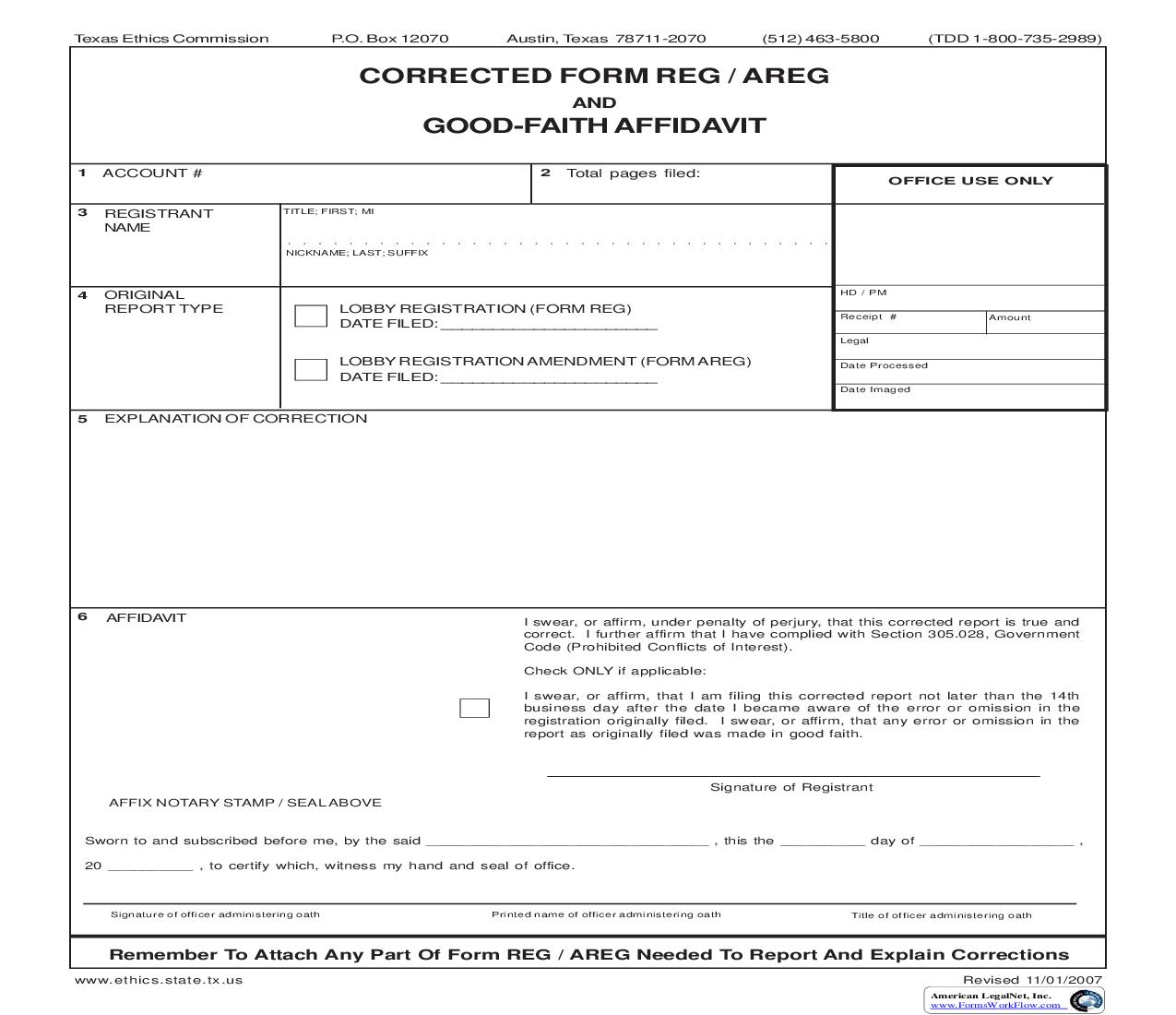 Corrected Form REG-AREG and Good Faith Affidavit | Pdf Fpdf Doc Docx | Texas
