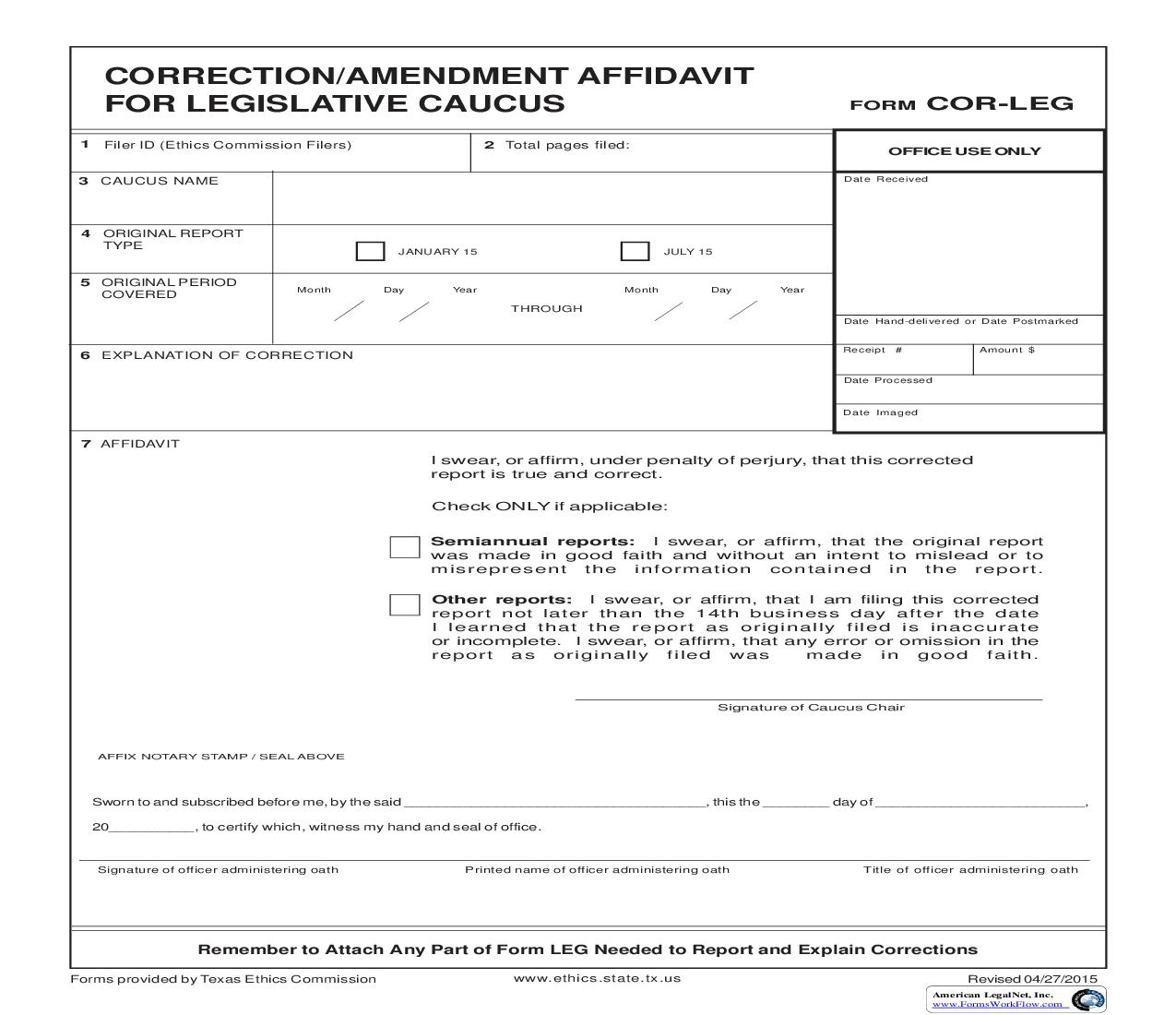 Correction Affidavit For Legislative Caucus {COR-LEG} | Pdf Fpdf Doc Docx | Texas