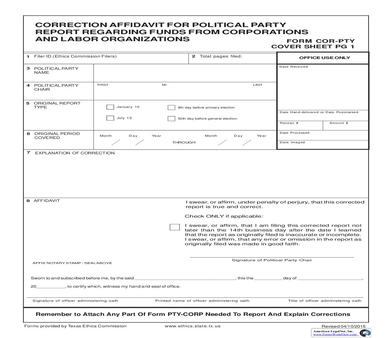 Correction Affidavit For Political Party Report Regarding Funds From Corporationpty {COR-PTY} | Pdf Fpdf Doc Docx | Texas