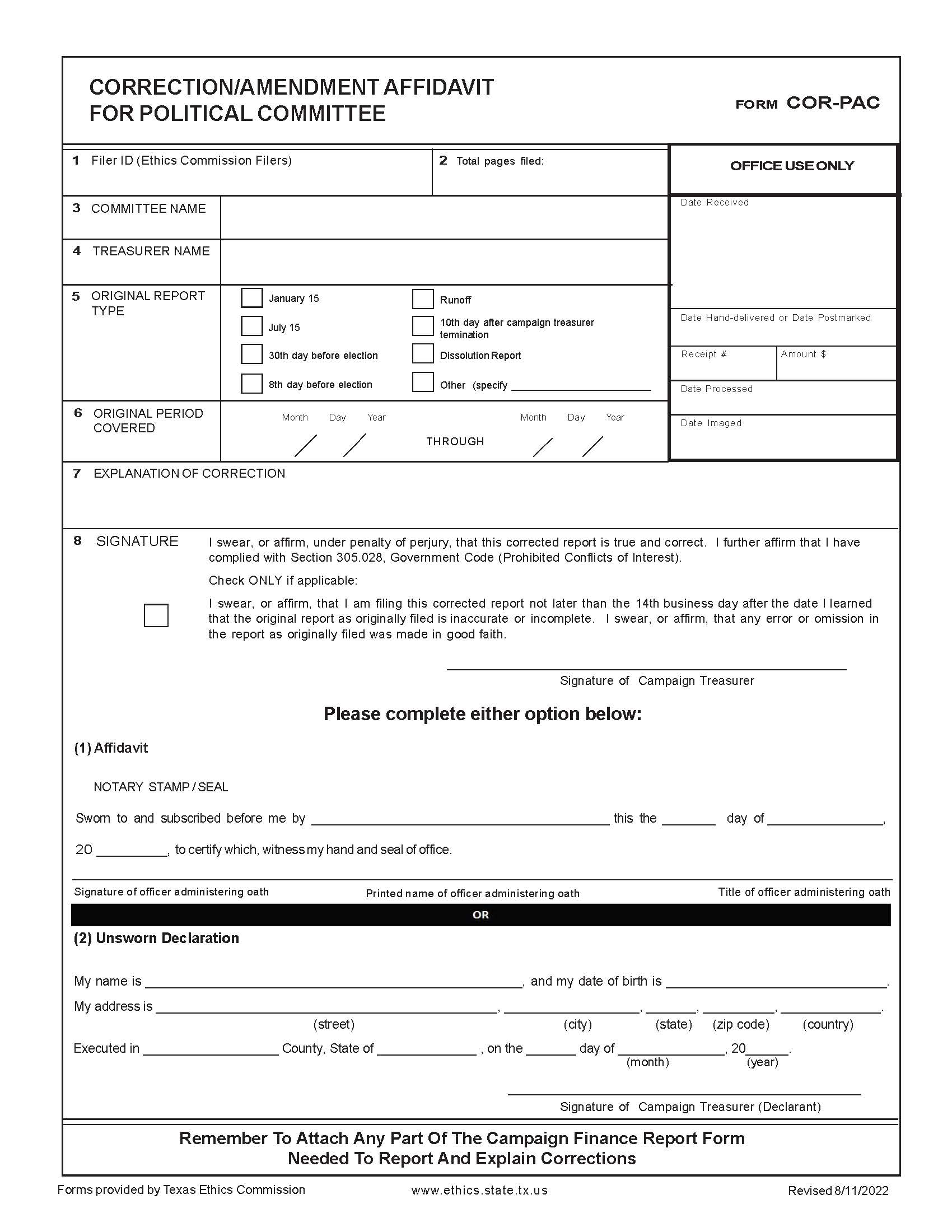 Correction Amendment  Affidavit For Political Committee {COR-PAC} | Pdf Fpdf Doc Docx | Texas